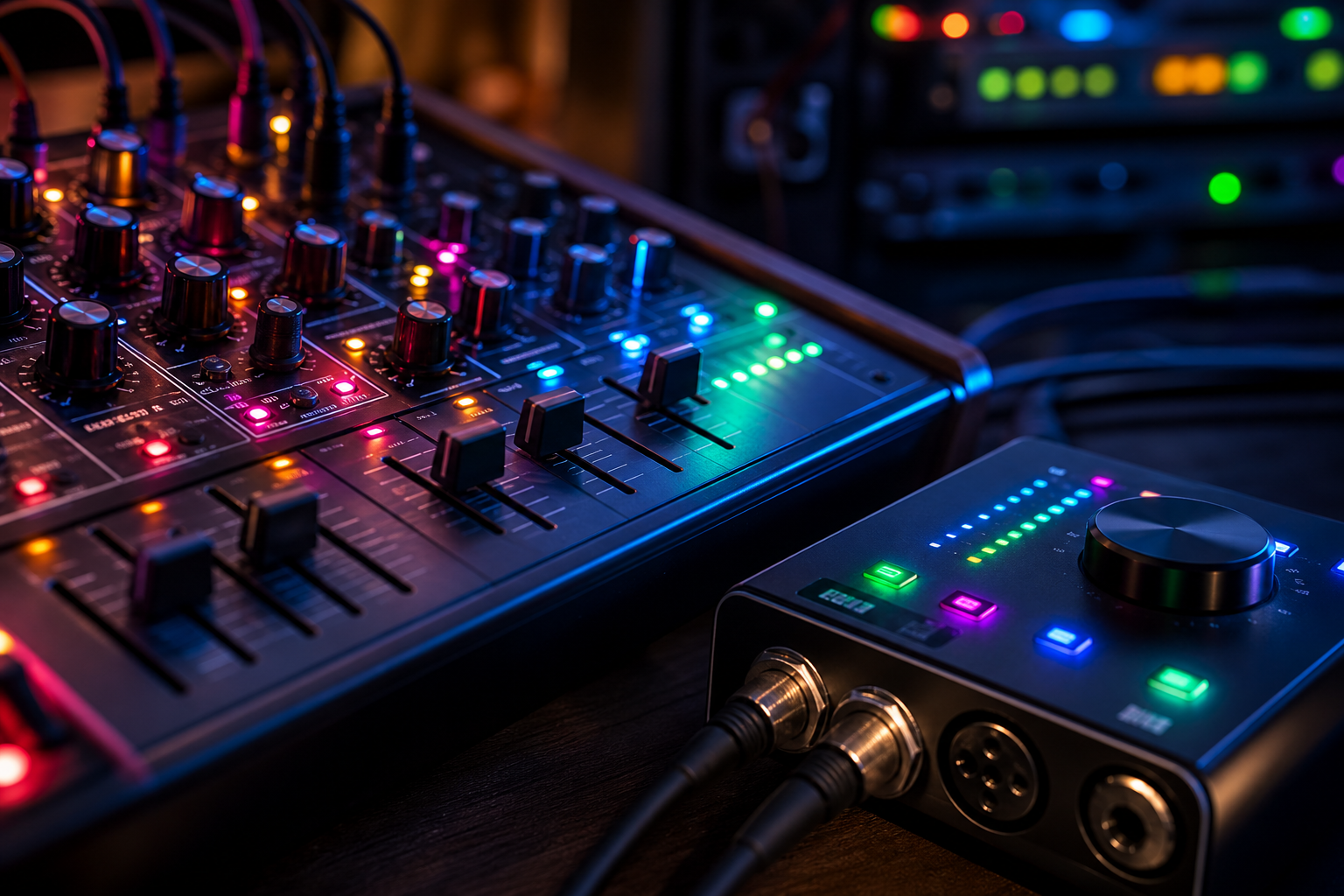 Synth e interfaccia audio con luci colorate
