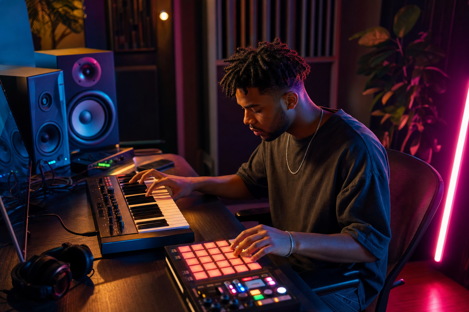 Produttore al lavoro su un beat in studio